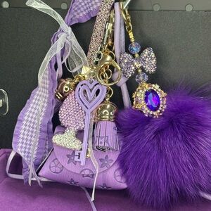👉 Purple Mini Bag Charm Set | Fluffy Pom & Bling | Exact Item Shown